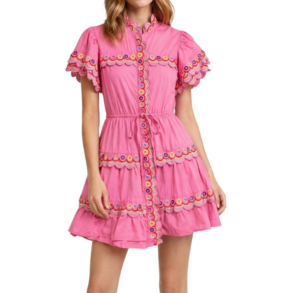 CeliaB Pink Ruffled Scalloped Embroidered Cotton Marilla Mini Dress Size Small